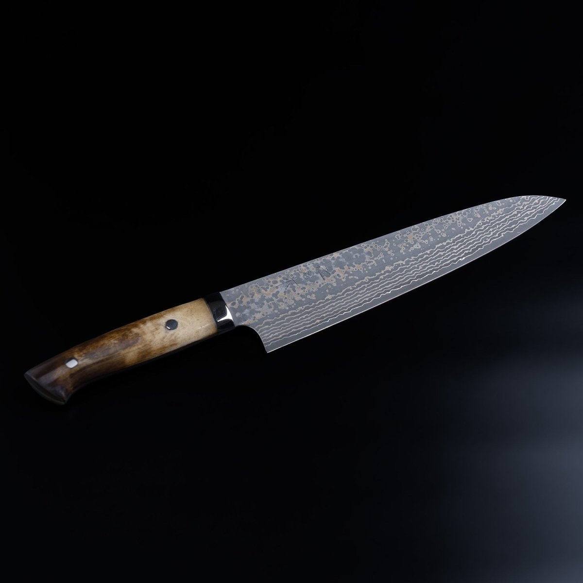 Takeshi Saji VG10W Stainless Steel Gyuto 240mm Gold-Toned Finish displayed diagonally on black background