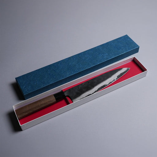Kyohei Shindo Kurouchi Gyuto 220mm crafted from Aogami 2 in Kochi Japan in decorative box on grey background