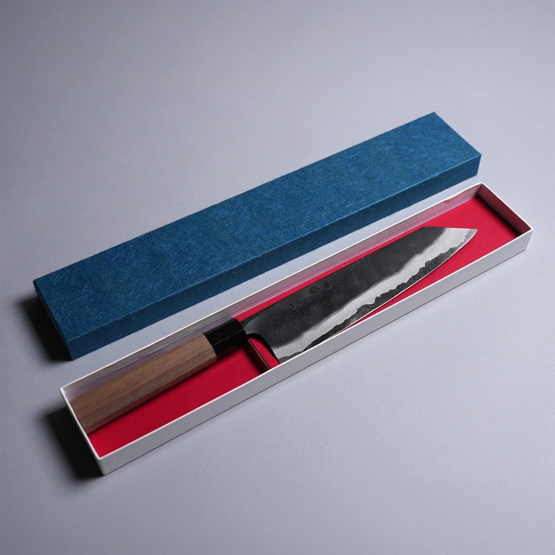 Kyohei Shindo Kurouchi Kiritsuke Gyuto 220mm crafted from Aogami 2 in Kochi, Japan in decorative box on grey background