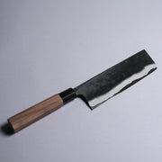 Kyohei Shindo Kurouchi Nakiri 170mm crafted from Aogami 2 in Kochi, Japan displayed diagonally on grey background