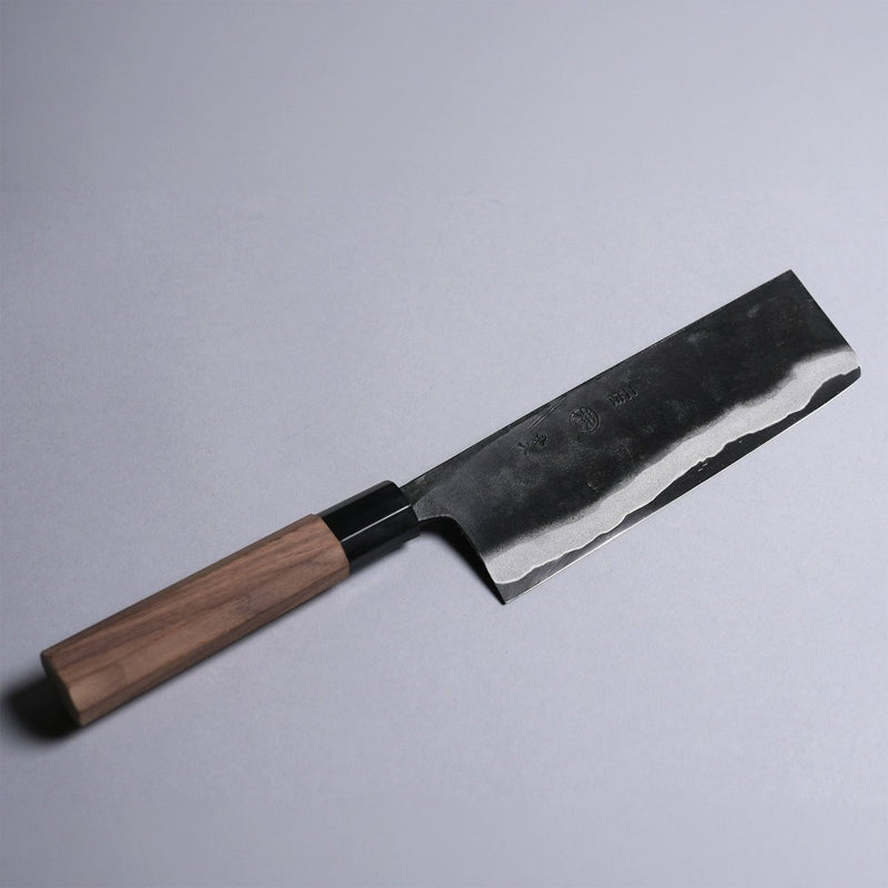 Kyohei Shindo Kurouchi Nakiri 170mm crafted from Aogami 2 in Kochi, Japan displayed diagonally on grey background