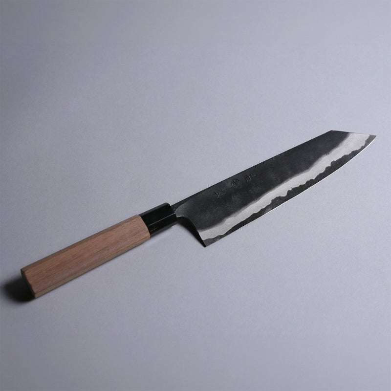 Kyohei Shindo Kurouchi Kiritsuke Gyuto 220mm crafted from Aogami 2 in Kochi, Japan displayed diagonally on grey background