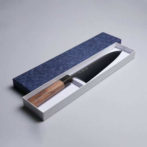 Sakoda Hamono Polished Aogami Super Gyuto 180mm in decorative box on grey background