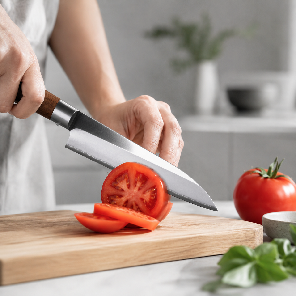 Closeup of a hand holding an everyday Japanese kitchen knife cutting a tomato on a cutting board