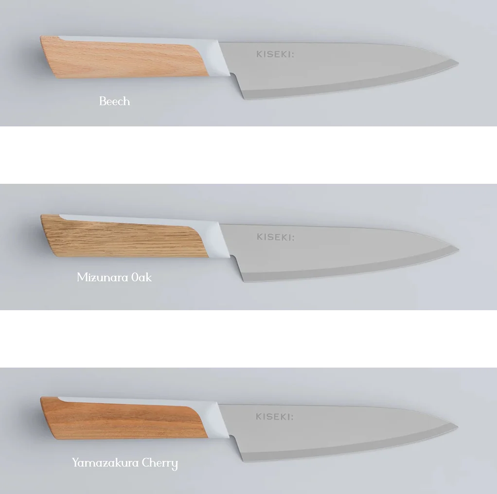 The three variations of a KISEKI Santoku knife (beech, mizunara oak and yamazakura cherry) lined up