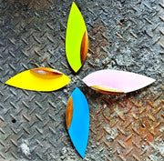 The 4 variations for 'Happa' Leaf Shaped All - Around Knife by Asano Blacksmith aligned in helix form over a metallic surface