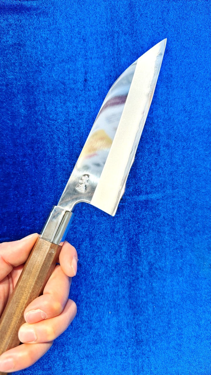 Holding Kurotori Knife Full Size in one hand, with blue background