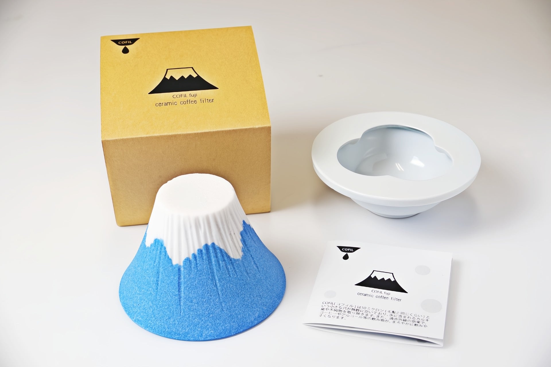 ceramic filter COFIL Mt. Fuji, a box, paper instruction, and porcelain filter server and a saucer