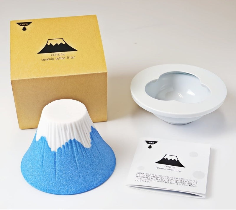 Ceramic Coffee Filter COFIL Mt. Fuji displayed with white stand, cardboard box and instructions on white background