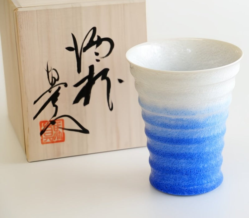 Indigo-white gradient Ceramic Aritaware Cup by Imari Togei craftsmen on white background with wooden box