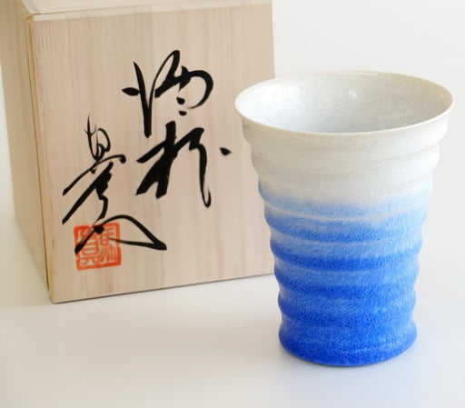 Indigo-white gradient Ceramic Aritaware Cup by Imari Togei craftsmen on white background with wooden box