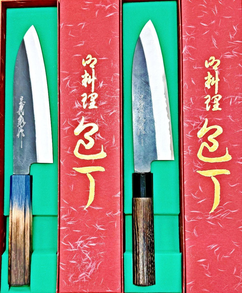 Two Kurouchi Santoku Knives 180mm by Yamawaki Hamono with blue/brown and dark brown handles in red boxes with green lining