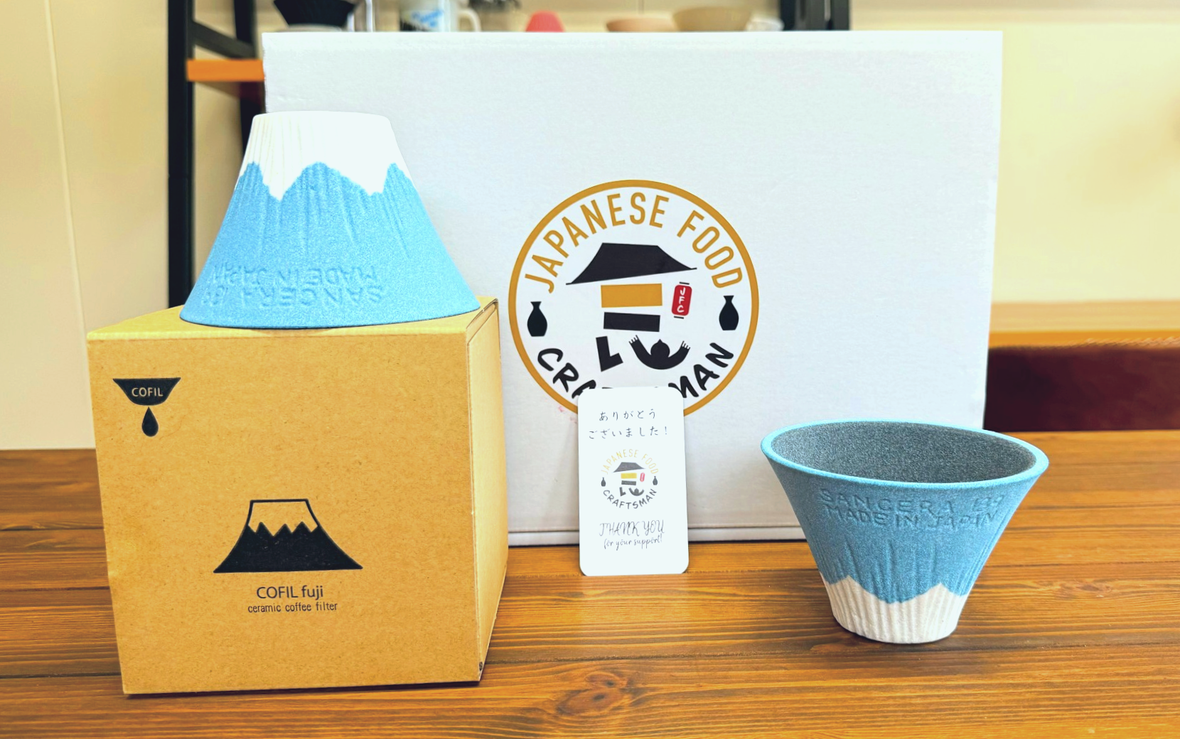 Two ceramic coffee filter COFIL Mt. fuji with boxes and a thanks card