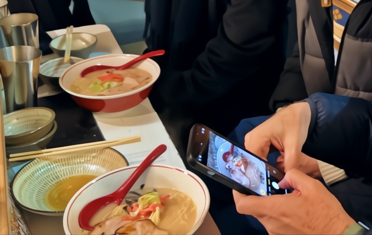 屋台慶次ラーメン作り体験に参加後、ラーメン丼の写真を撮るお客様のアップ