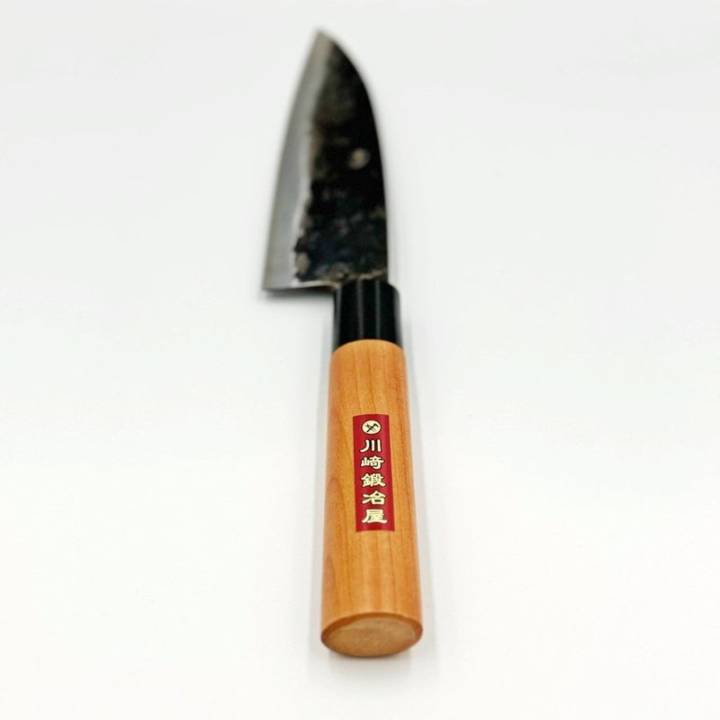 Closeup on handle of Kawasaki Blacksmith Kurouchi Santoku Knife 160mm vertical on white background
