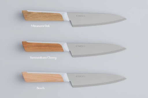 The 3 KISEKI Petty Knife variations (Mizunara Oak, Yamazakura Cherry and Beech) vertically aligned over a light grey background