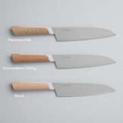 The 3 different knife variations of the KISEKI Santoku Knife  lined up vertically