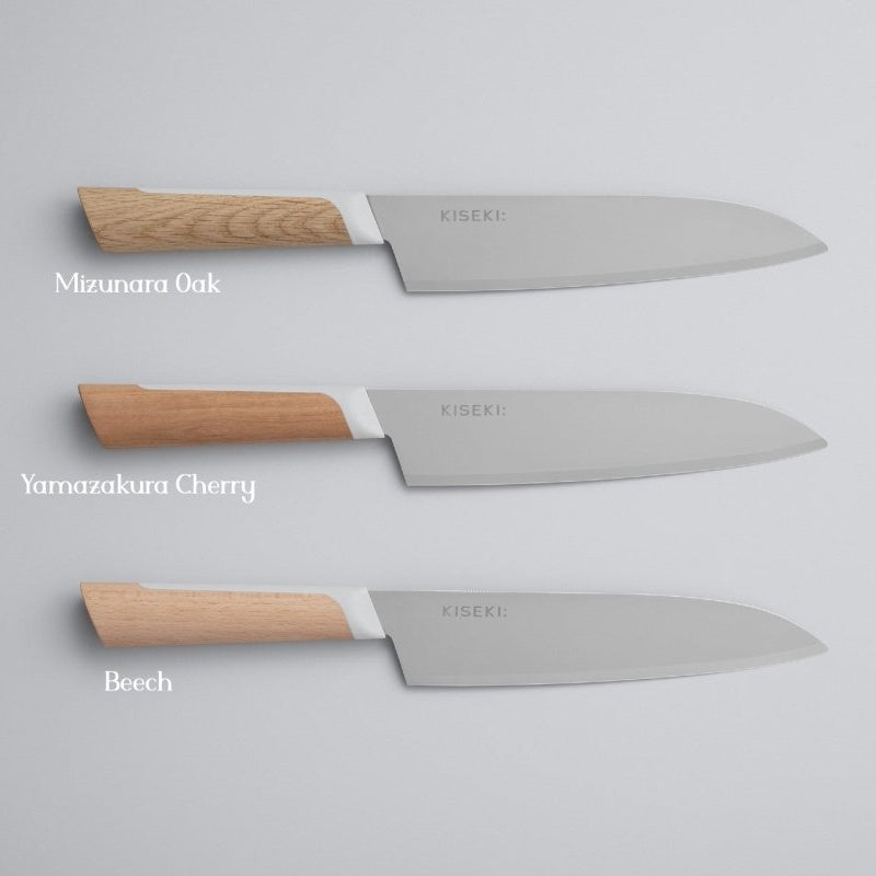 The 3 different knife variations of the KISEKI Santoku Knife  lined up vertically