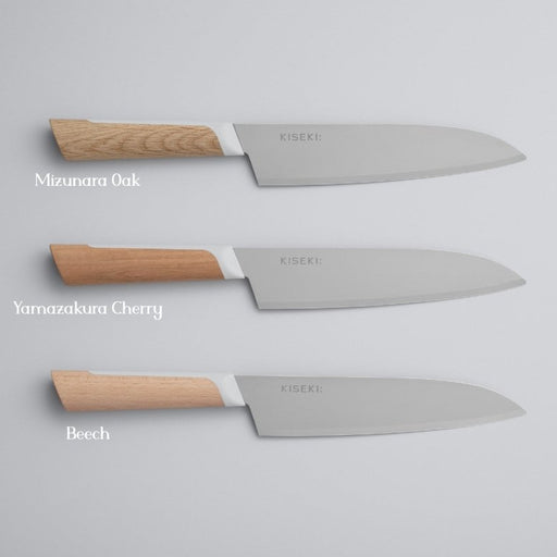 The 3 different knife variations of the KISEKI Santoku Knife  lined up vertically