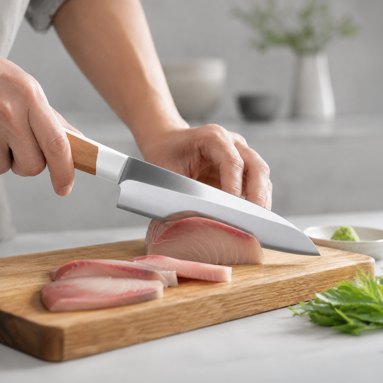 Closeup of a hand holding a mid-range kitchen knife cutting fish in a cutting board