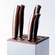 Closeup on knife handles in NAGOMI Knife Stand by Mitsuboshi Cutlery