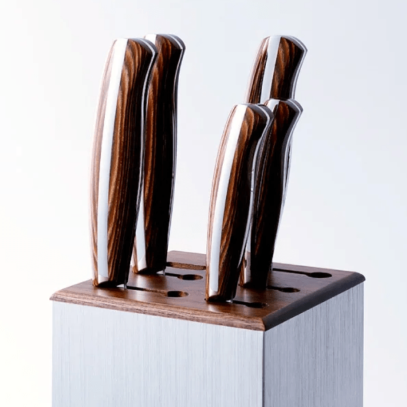 Closeup on knife handles in NAGOMI Knife Stand by Mitsuboshi Cutlery