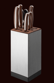 Knives in NAGOMI Knife Stand by Mitsuboshi Cutlery on a brown background