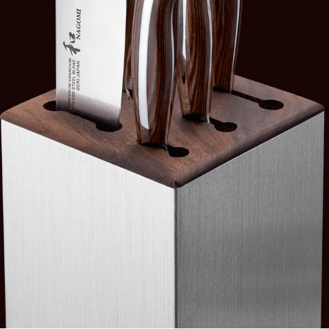 Knives in NAGOMI Knife Stand by Mitsuboshi Cutlery from a medium distance