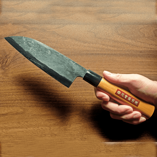 Hand holding Kawasaki Blacksmith Kurouchi Santoku Knife 160mm on wooden background