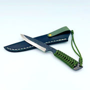Minomo Blacksmith Ignite Knife 110mm in green with sheath in a white background