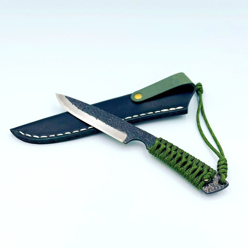 Minomo Blacksmith Ignite Knife 110mm in green with sheath in a white background