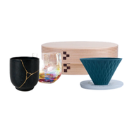 COFIL coffee filter next to a MOCKATS wooden bento magewappa box, a Soejima Glassware cup and a kintsugi item