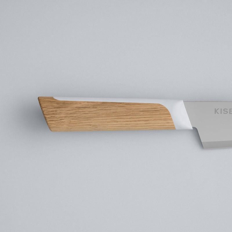 Closeup of the handle of KISEKI Petty Knife Mizunara Oak variation