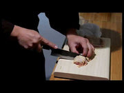 Santoku knife by Minomo Blacksmith cutting tomato, pumpkig, lettuce and chicken